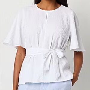 Liz Claiborne White Short-Sleeve Tie-Waist Blouse